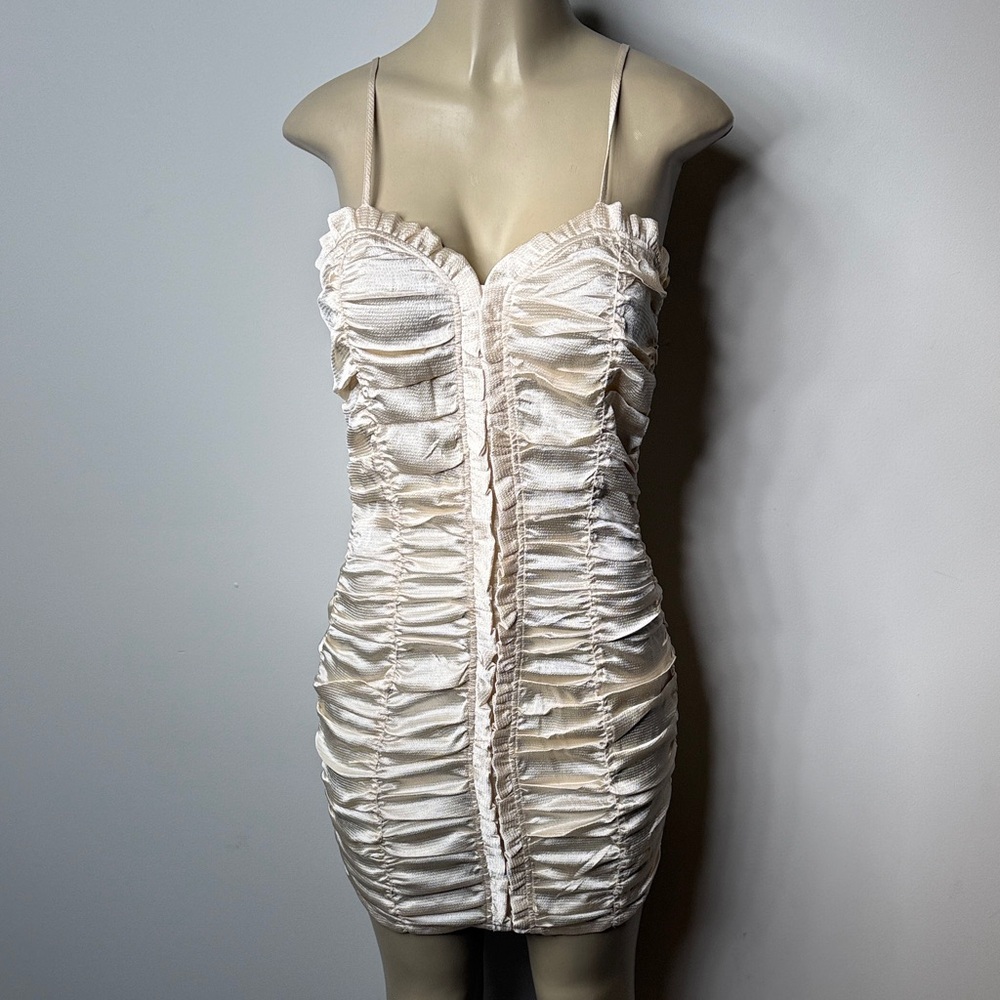 Ruched Cream Mini Dress with Spaghetti Straps